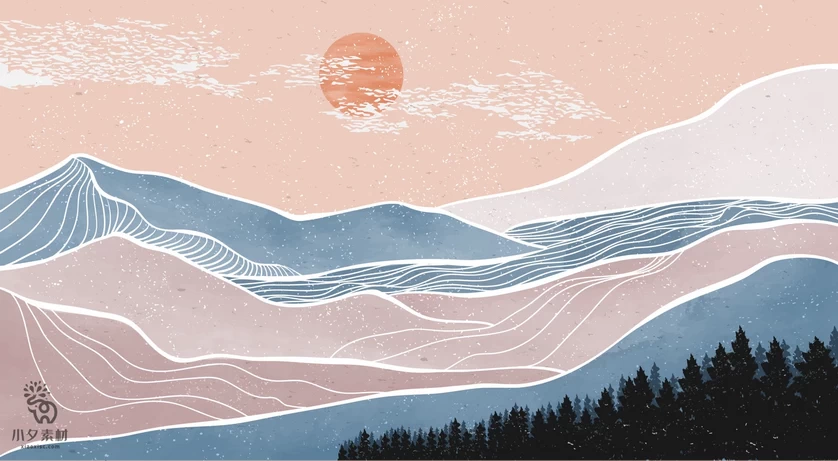 抽象艺术简约线条山水风景日落插画背景画芯装饰图片AI矢量素材【001】